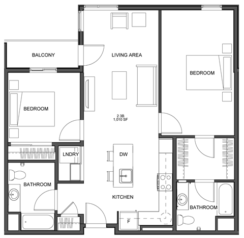 Floor plan for 2 beds, 2 baths, 1010 sqft